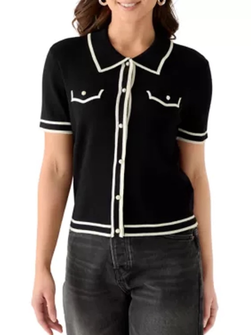 Jason Wu Crew Neck Knit Polo Pearl-Button Top